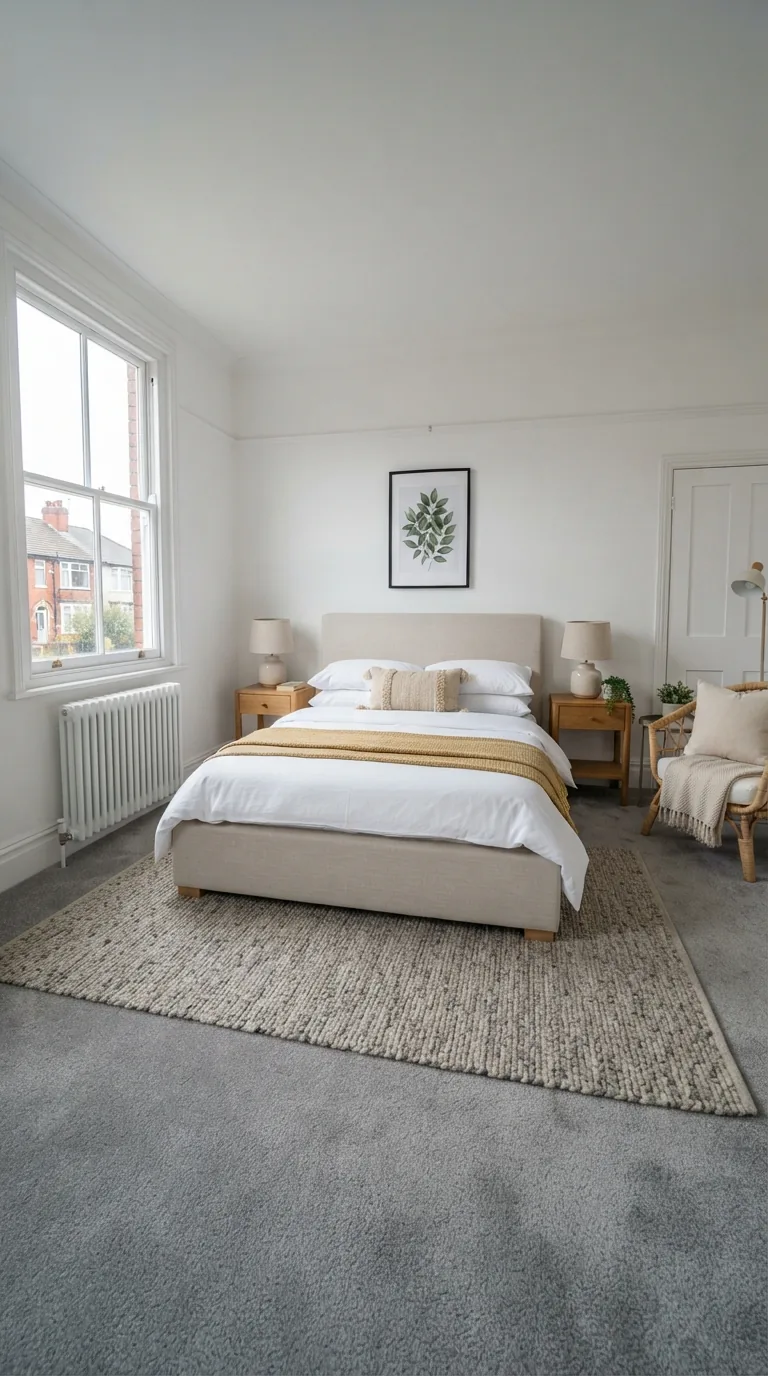 La même chambre meublée : lit tapissier, linge blanc, tables de chevet, tapis en jute et fauteuil.