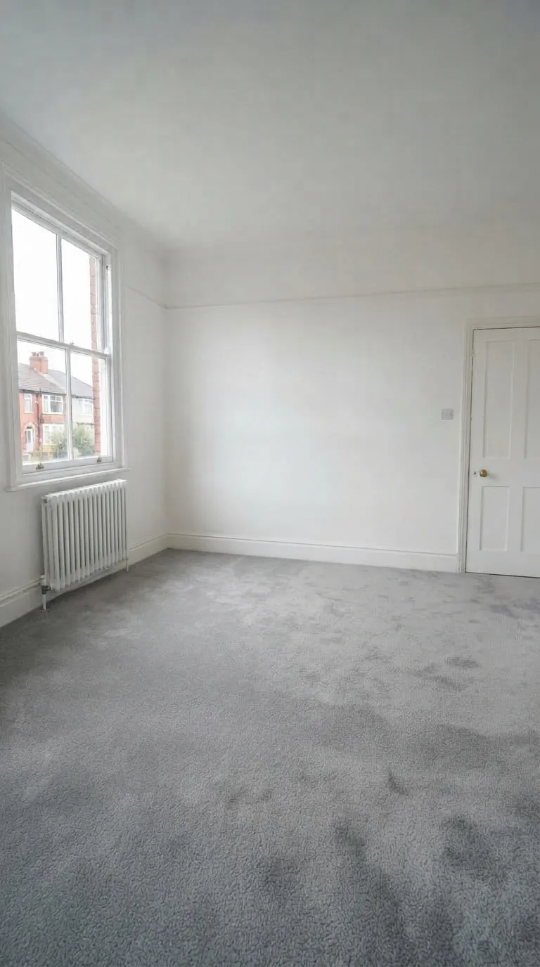 Chambre vide : moquette grise, fenêtre à guillotine, radiateur en fonte et porte à panneaux.