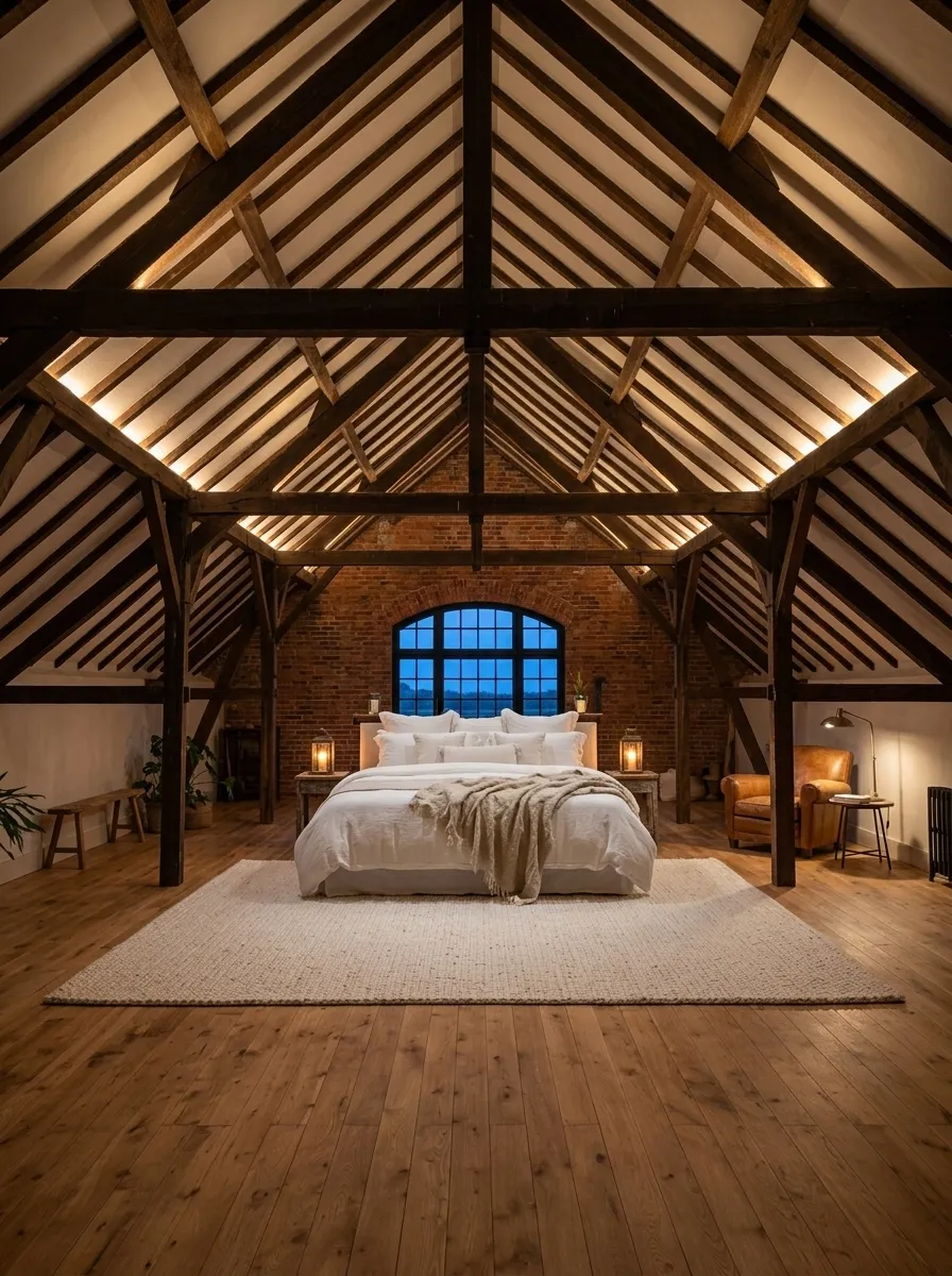 After (AI concept): The same attic as a bedroom, with white plaster between the dark rafters, hidden warm lighting along the beams, an oak floor, a king bed with white linen and a wool throw on a large rug, bedside lanterns and a tan leather armchair.