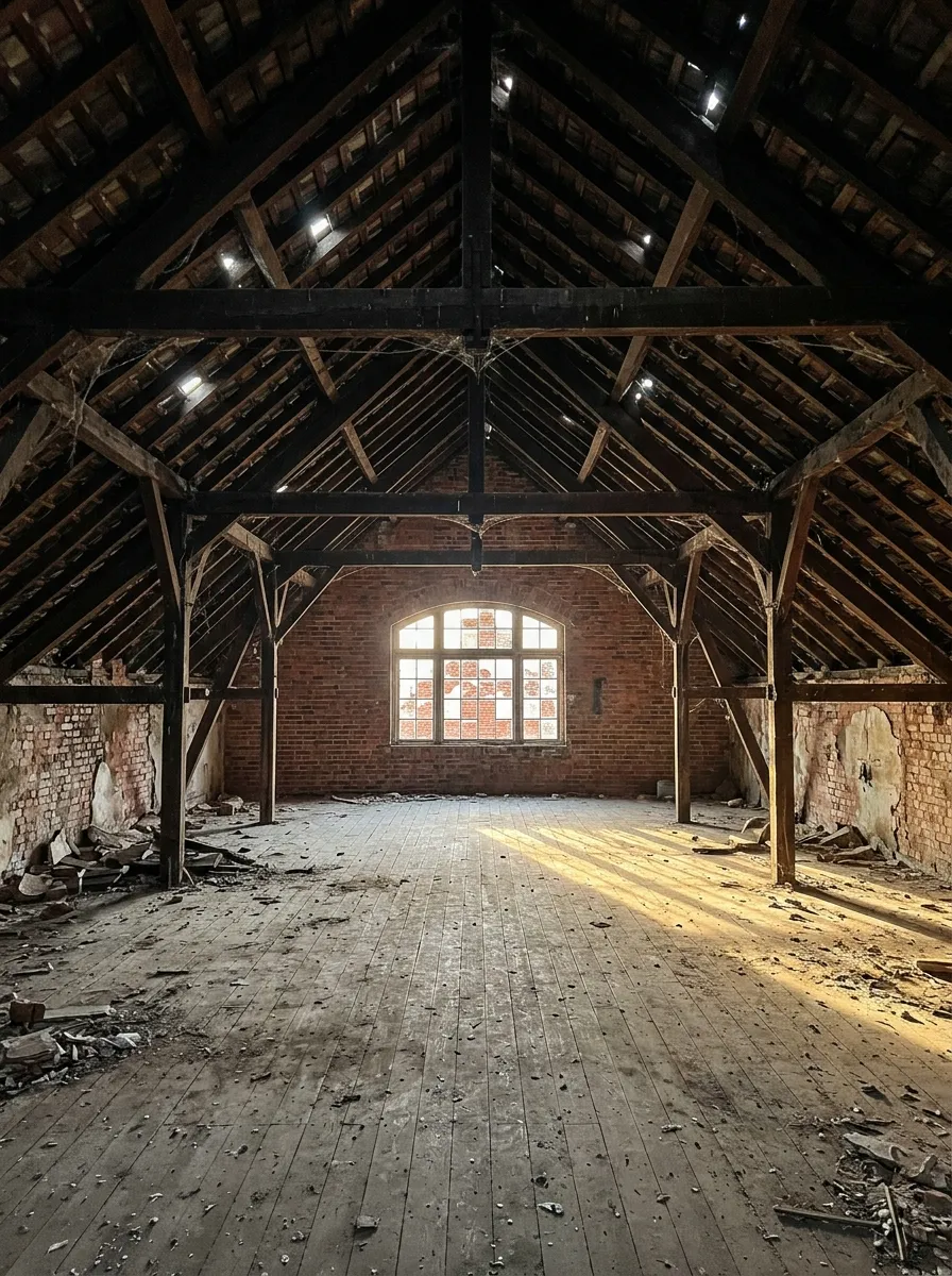 Before (AI concept): The empty attic of an abandoned firehouse, with dusty floorboards, dark timber roof trusses, daylight showing through missing slates, rubble along the walls and an arched window in the brick gable wall.