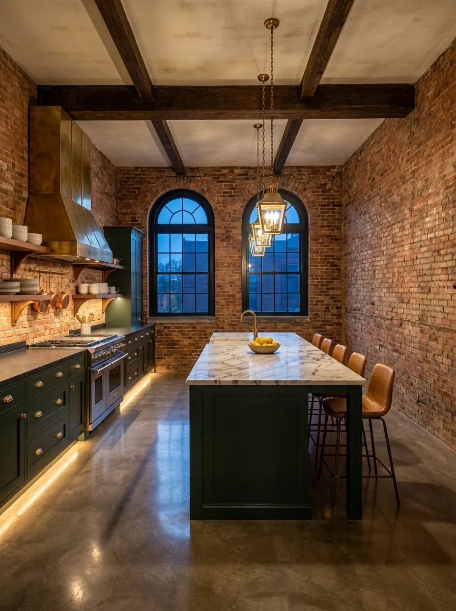 After (AI concept): The same room as a kitchen, with dark green cabinets and brass handles, a marble-topped island with tan leather stools, a steel range cooker under a brass hood, open shelves of white dishes and copper pans, brass lanterns and a polished concrete floor.