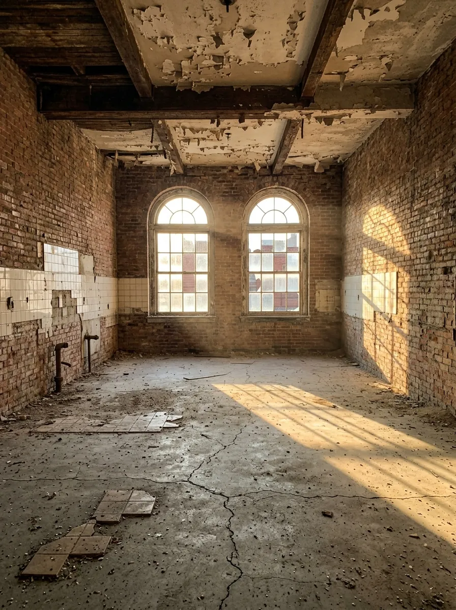 Before (AI concept): An empty former crew kitchen with a cracked concrete floor, bare brick walls with remains of white wall tiles, a peeling ceiling with timber beams and two arched windows with broken panes.