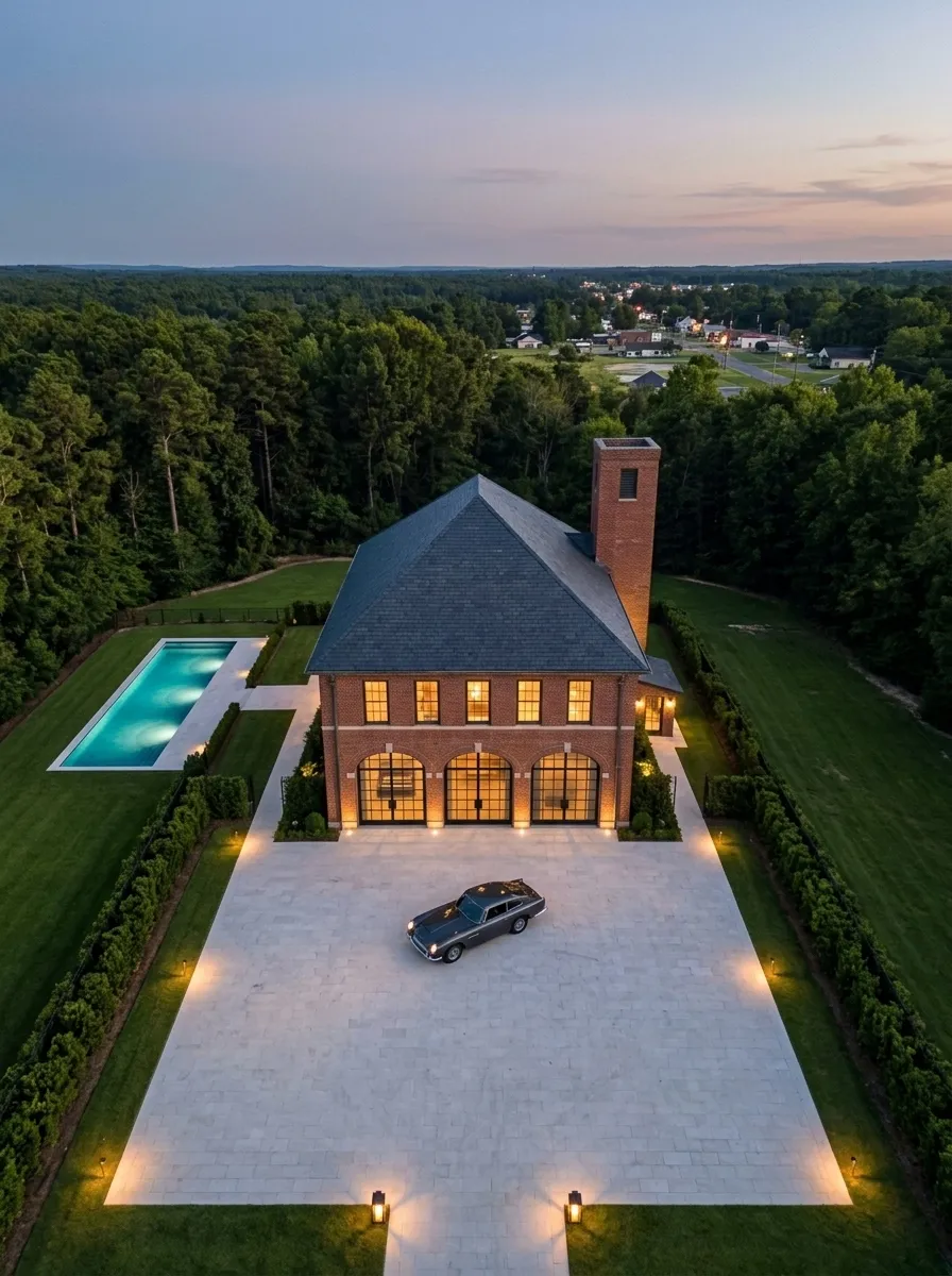 After (AI concept): The same firehouse from the same height at dusk, with repointed brick, a new slate roof, glazed arched doors and glowing windows, a pale stone motor court lined with lanterns, clipped lawns and hedges, a long swimming pool and a classic dark grey coupe.