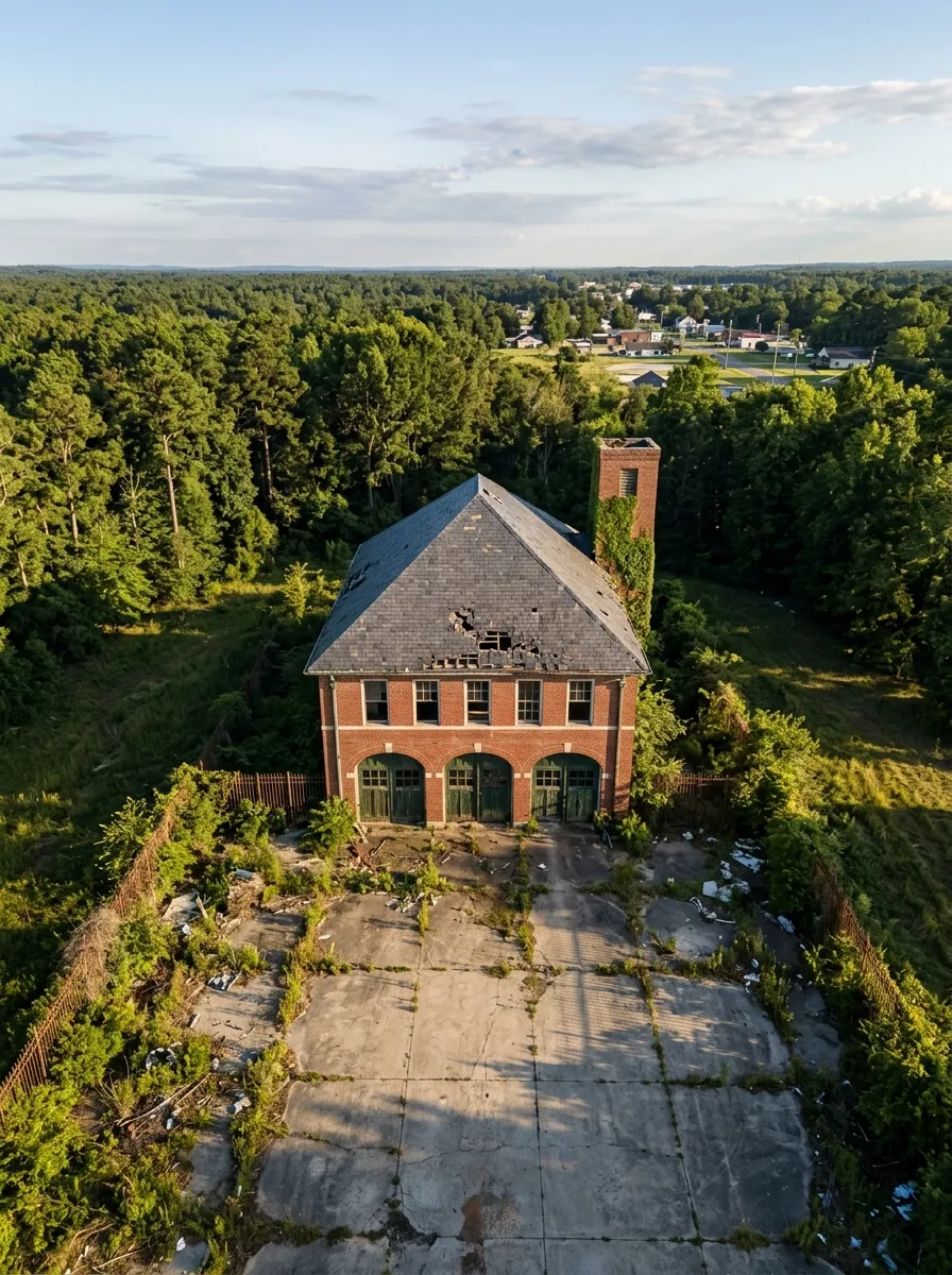 Before (AI concept): Aerial view of an abandoned two-storey red brick firehouse with three arched bay doors, broken upper windows, a slate roof full of holes and an ivy-covered brick hose tower, behind a cracked concrete forecourt overgrown with weeds in the middle of a forest.