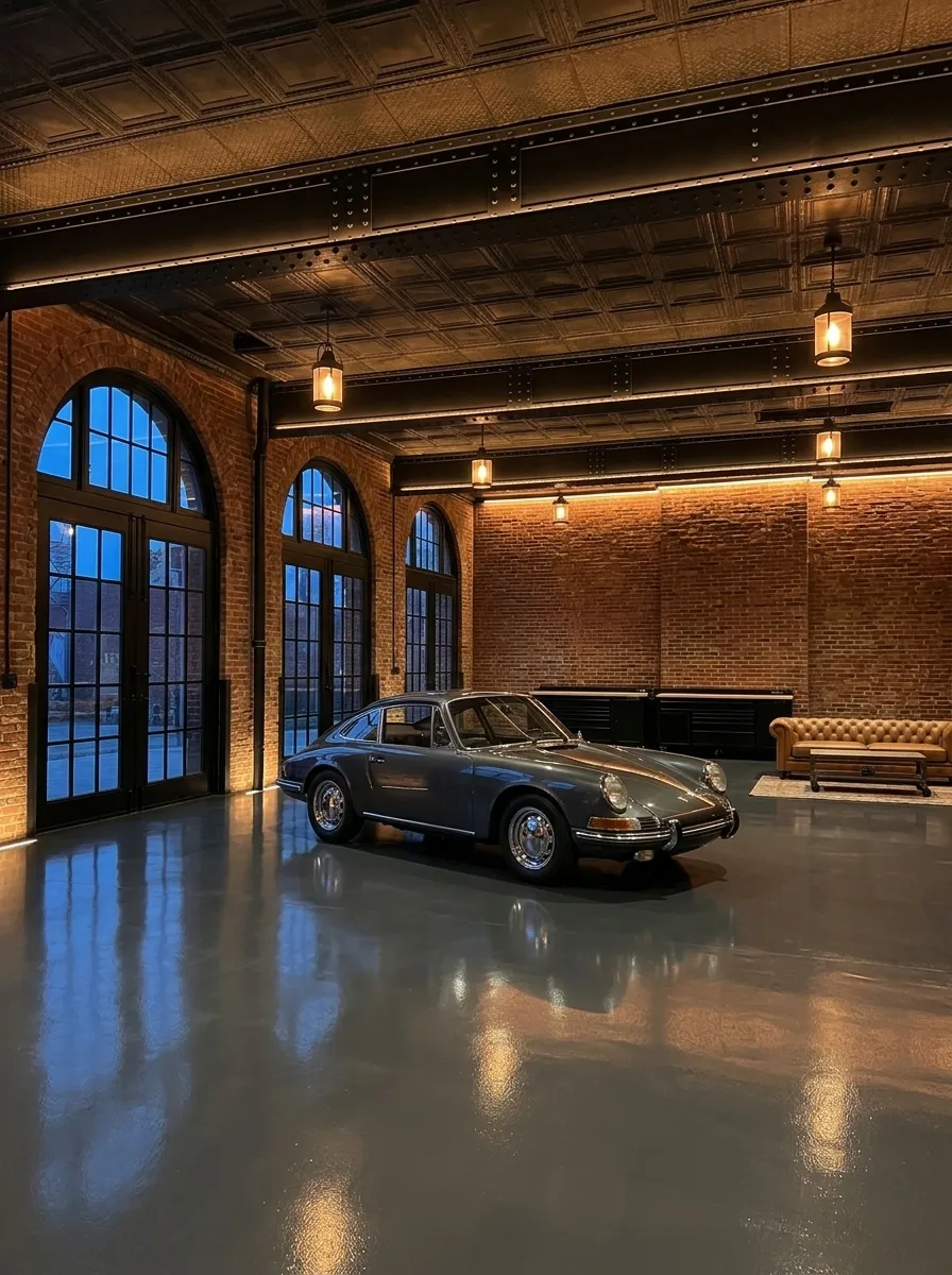 After (AI concept): The same hall as a garage, with a polished grey epoxy floor, cleaned brick, black steel beams, a restored tin ceiling, new black steel-framed glass doors, hanging lanterns, a tan leather sofa and a classic 1960s sports coupe in dark grey.