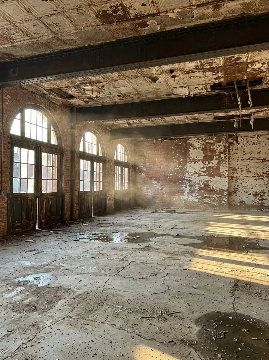 Before (AI concept): The empty engine bay of an abandoned firehouse, with a cracked concrete floor and puddles, peeling brick walls, riveted steel beams under a damaged pressed-tin ceiling and three tall arched doors with broken panes letting in low evening sun.