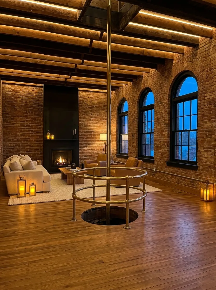 After (AI concept): The same room as a living room, with the brass pole and railing polished, refinished oak floorboards, clean brick, black-framed arched windows, a cream sofa and tan leather armchairs on a wool rug, a black fireplace with a fire lit and candle lanterns.