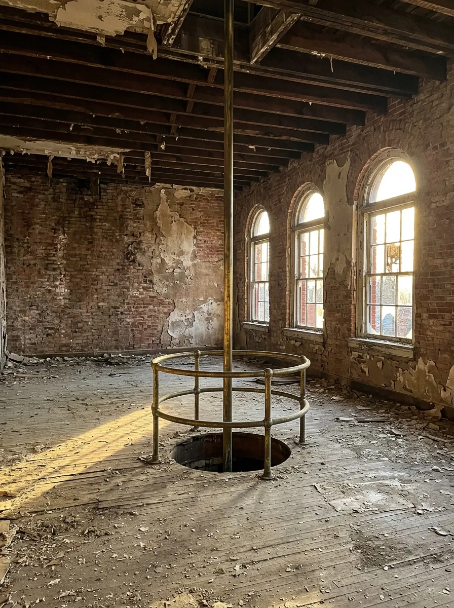Before (AI concept): The upstairs crew room of an abandoned firehouse, with a dusty wooden floor, peeling brick walls, bare timber joists, three arched windows and a tarnished brass fire pole dropping through a round hole in the floor inside a brass railing.