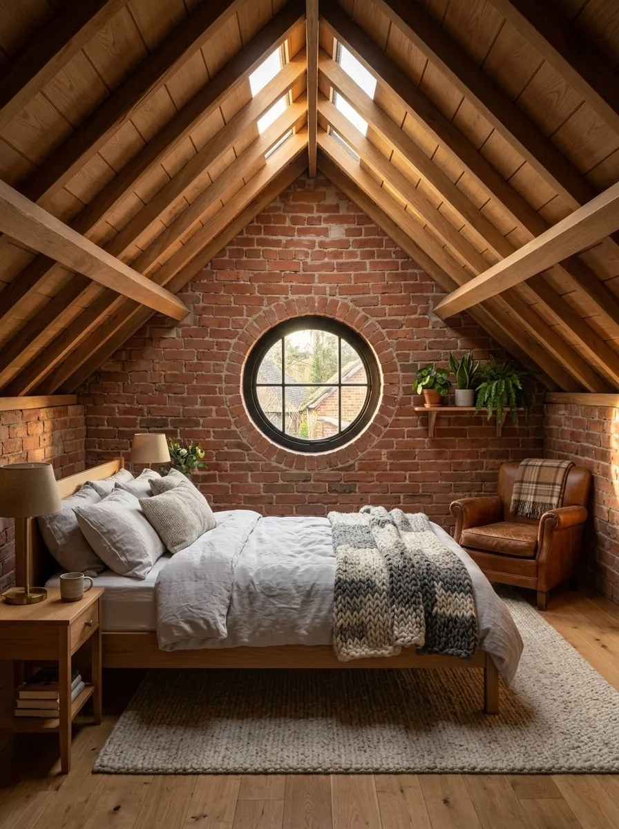 After (AI concept): The same attic lined in warm oak boards, the round window in black steel, a low oak bed with white and grey linen and a knitted throw, a cognac leather armchair, a pale rug, warm lamps and green plants.