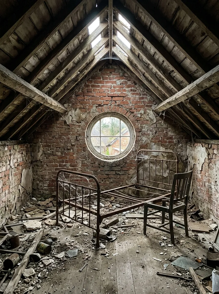 Before (AI concept): A small attic room under a sagging timber roof with gaps of daylight, a red brick gable with a round window, a rusty iron bed frame, a broken chair and debris on the floor.