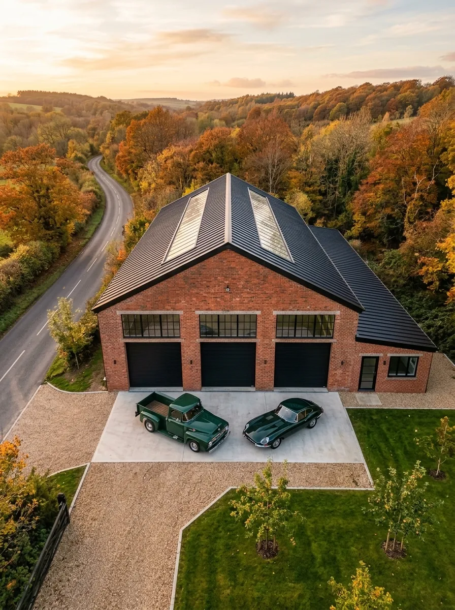 After (AI concept): The same building from the same height with a black standing-seam metal roof and two long skylights, cleaned brick, black steel windows and three black roll-up doors, a pale concrete forecourt with a dark green vintage pickup and a classic car, gravel, lawn and young trees.