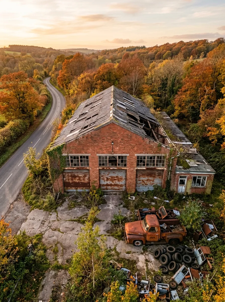 Before (AI concept): Aerial view at sunset of a long red brick garage with a corrugated roof full of holes, rusted roll-up doors and ivy, and a yard of weeds, a rusted pickup truck and piles of tyres, beside a winding country road through autumn woods.