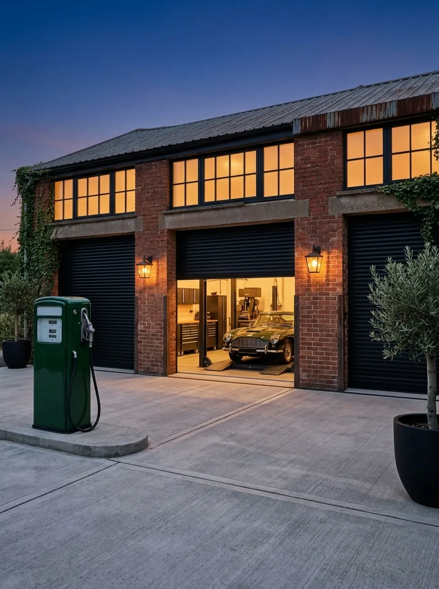 After (AI concept): The same front at dusk: the brick repointed, three matte black roll-up doors with the middle one open on a lit workshop and a classic car on a lift, glowing black steel windows, wall lanterns, the fuel pump restored in green with no logo, olive trees in black planters and a clean concrete forecourt.