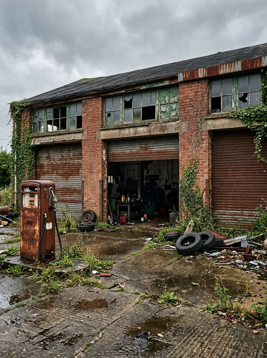 Before (AI concept): The front of the garage under a grey sky: three rusted roll-up doors, one half open on a dark workshop, broken high windows, ivy on the brick, a rusted fuel pump, tyres and puddles on cracked concrete.