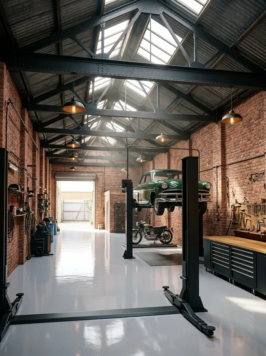 After (AI concept): The same hall with a glossy pale grey epoxy floor, the two-post lift in black holding a dark green classic car, skylights in the roof, black tool cabinets and an oak workbench along the brick wall, warm pendant lights, a vintage motorcycle and the far door open to daylight.