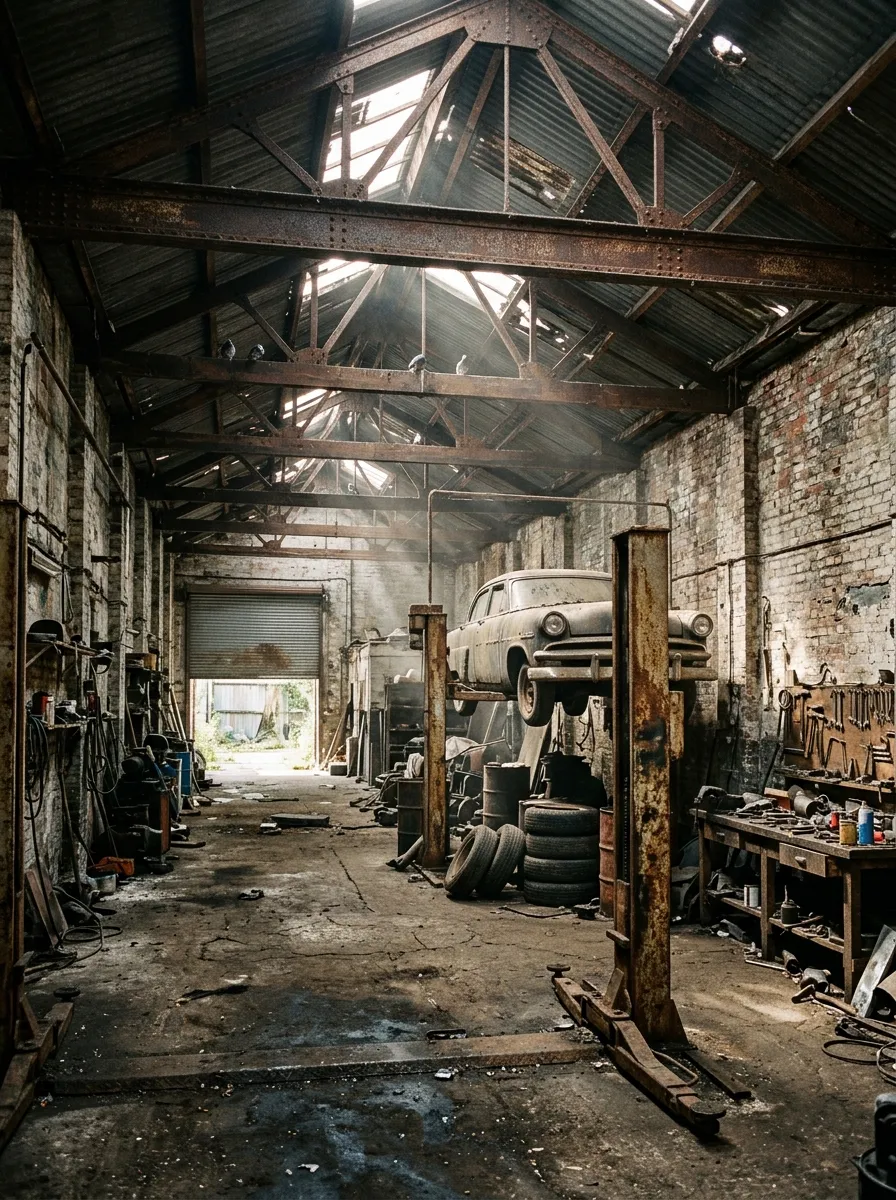 Before (AI concept): A long dusty workshop hall under steel roof trusses with light coming through holes in the roof, an old two-post lift holding a rusted car, tyres, tools and debris on a cracked floor, and a roll-up door at the far end.