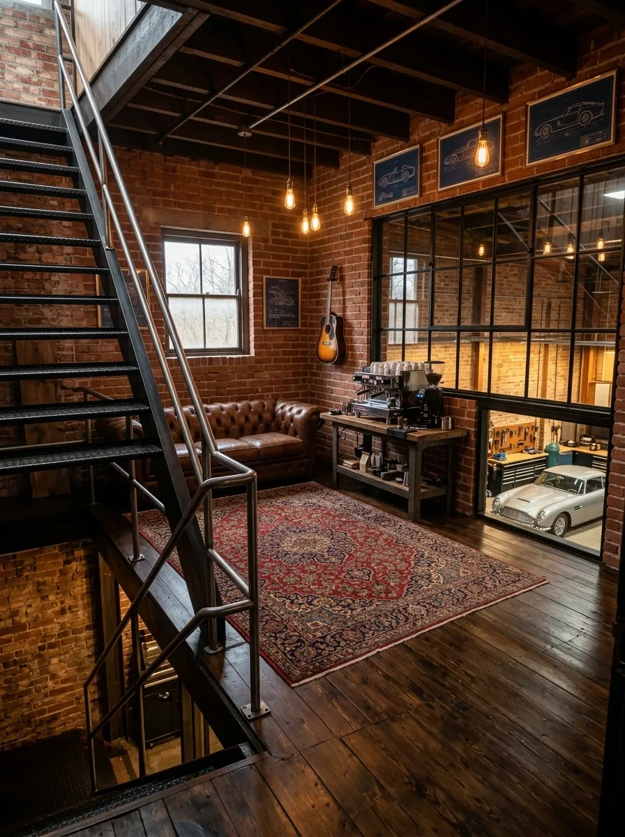 After (AI concept): The same mezzanine with oiled floorboards, the staircase in grey steel, a brown leather chesterfield sofa on a red Persian rug, an espresso bar with a coffee machine, Edison bulb pendants, an acoustic guitar and framed car blueprints, and the black steel internal window looking down on a classic car in the lit workshop.