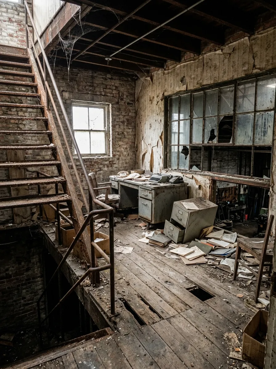 Before (AI concept): An abandoned mezzanine office up a rusty steel staircase: broken floorboards, a large broken internal window over the dark workshop, peeling plaster on brick, an old desk, a fallen cabinet and debris.