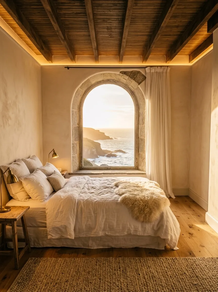 After (AI concept): The same room with smooth cream walls, a lit cove, dark wooden beams, a king bed with white linen and a sheepskin throw, bedside lamps, a woven rug and the arched window glowing over the sea.