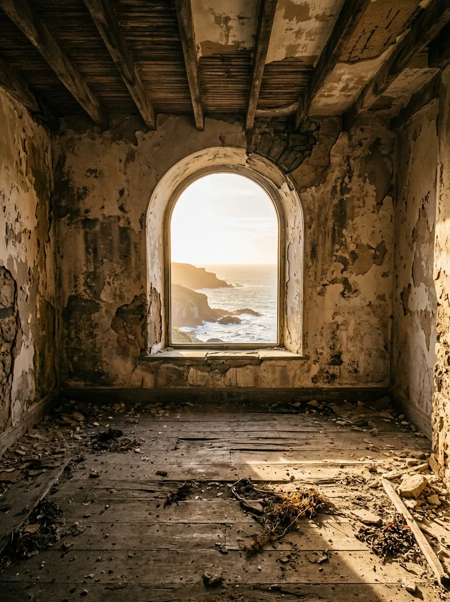 Before (AI concept): An empty room with peeling plaster, bare ceiling beams, a dusty damaged floor and a deep arched window without glass framing a view of the sea and cliffs.