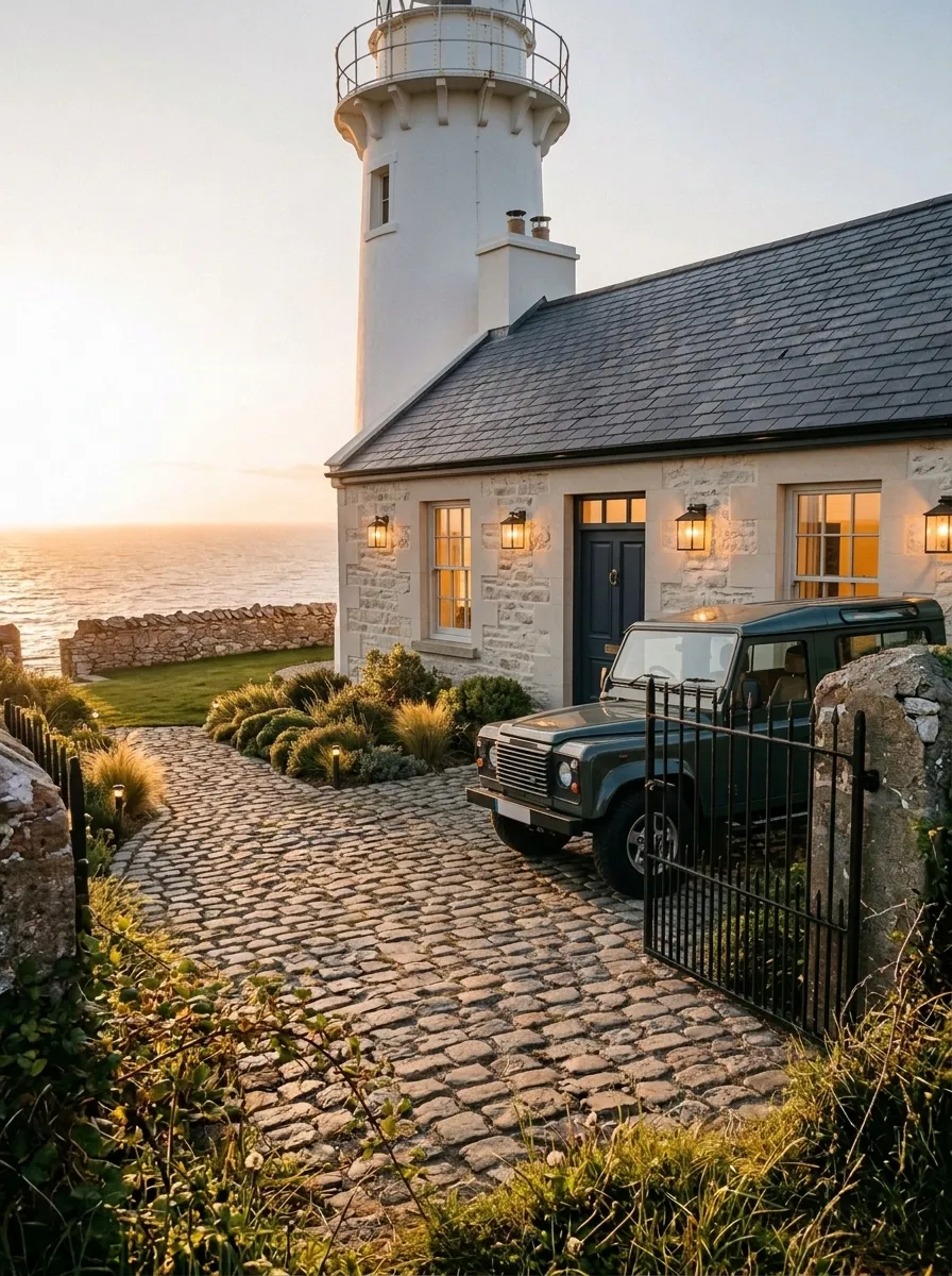 After (AI concept): The same courtyard with clean pale stone walls, a new slate roof, a dark front door, glowing windows, wall lanterns, tidy cobblestones, a black iron gate and a classic dark green Land Rover Defender parked in front.