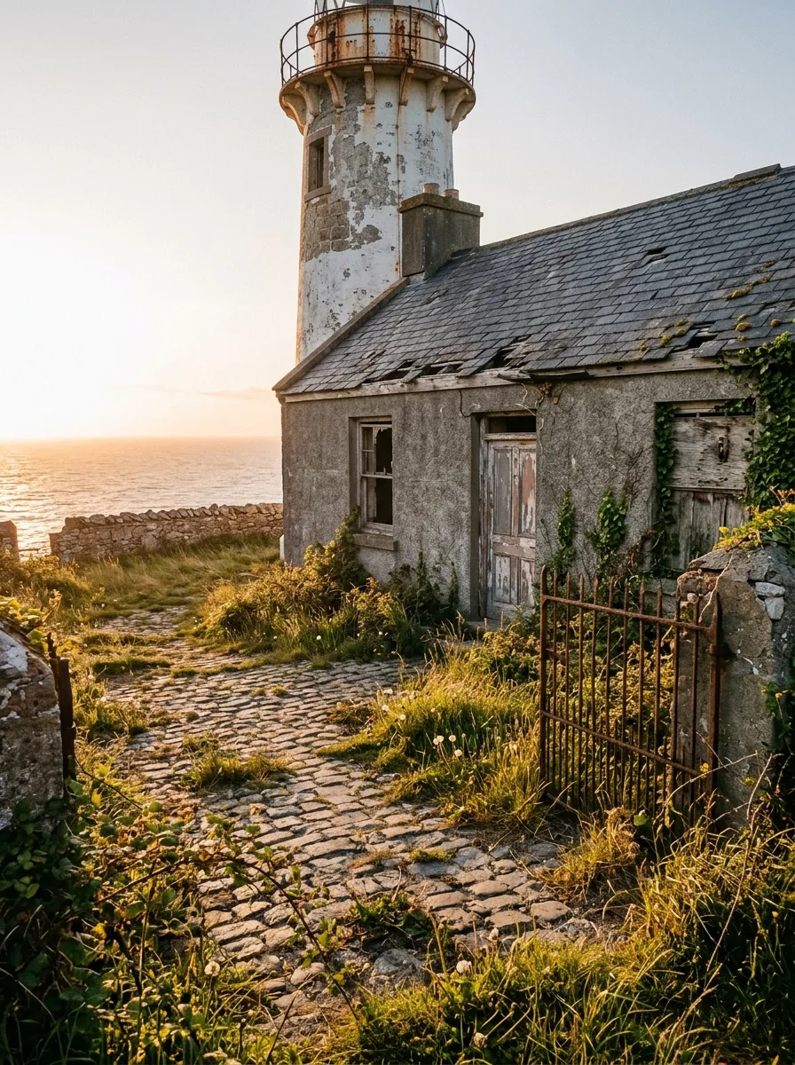 Before (AI concept): A weedy cobbled courtyard in front of a derelict stone keeper's cottage with a sagging slate roof, boarded windows and a rusty iron gate, with the weathered lighthouse tower behind.