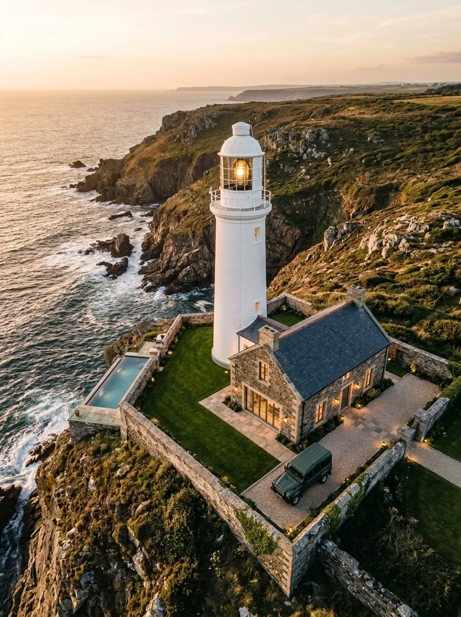 After (AI concept): The same lighthouse from the same height, freshly painted white with a glowing lantern room, beside the keeper's house with a complete slate roof, a clipped lawn, a stone terrace, an infinity pool and a dark green classic Land Rover Defender.