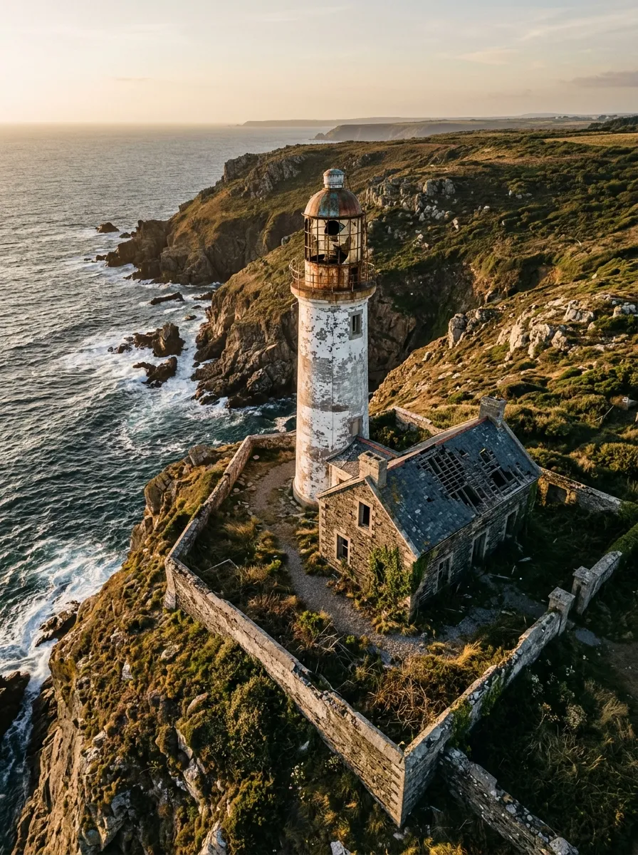 Before (AI concept): Aerial view of an abandoned lighthouse with peeling paint and a rusted lantern room beside a keeper's house with a collapsed slate roof, inside an overgrown stone wall on a cliff above crashing waves.