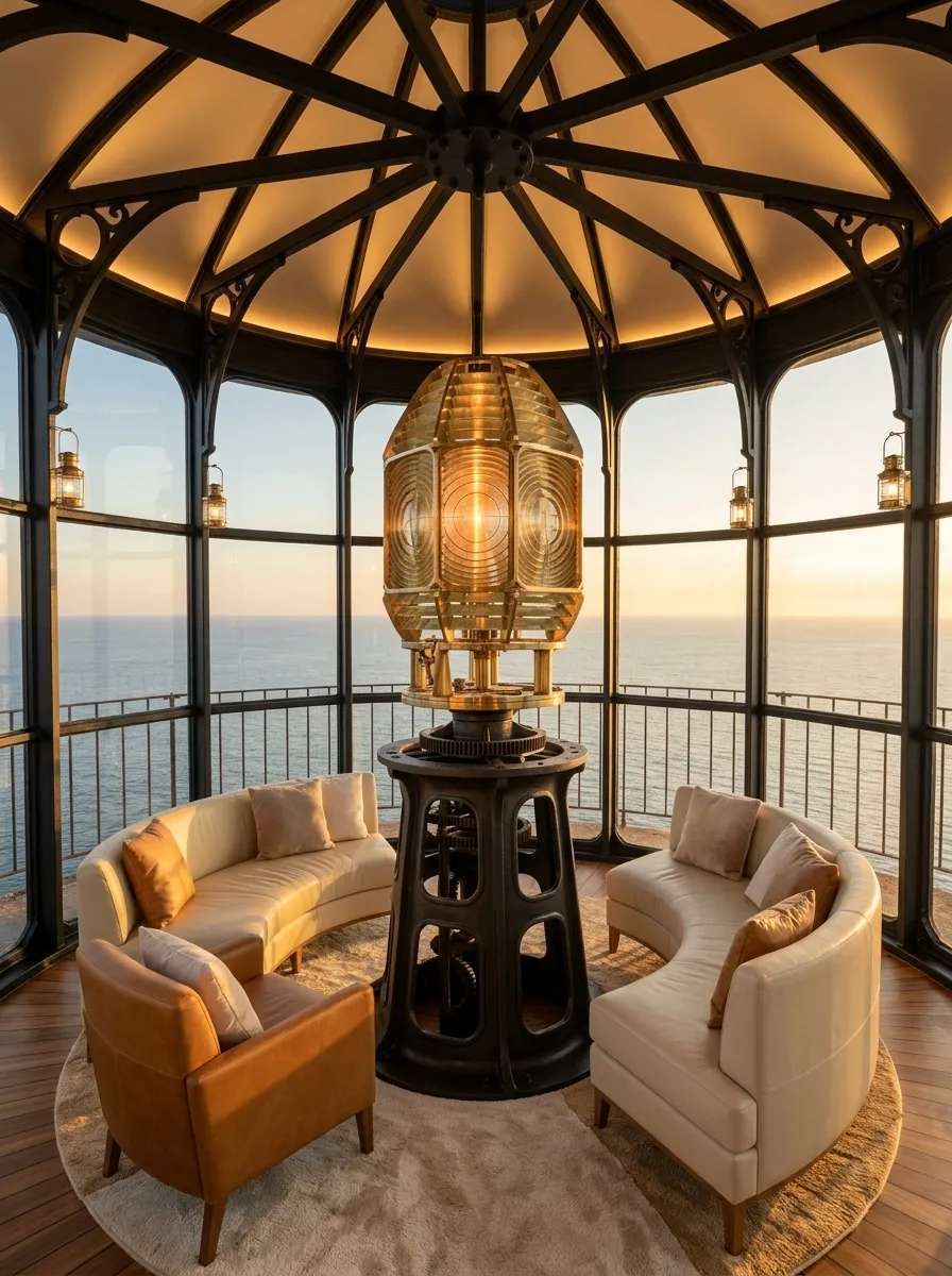 After (AI concept): The same lantern room turned into a glass lounge, with clean glazing in black steel frames, the brass lens polished and softly lit, a curved cream sofa and tan leather armchairs on a teak floor and warm LED lighting.