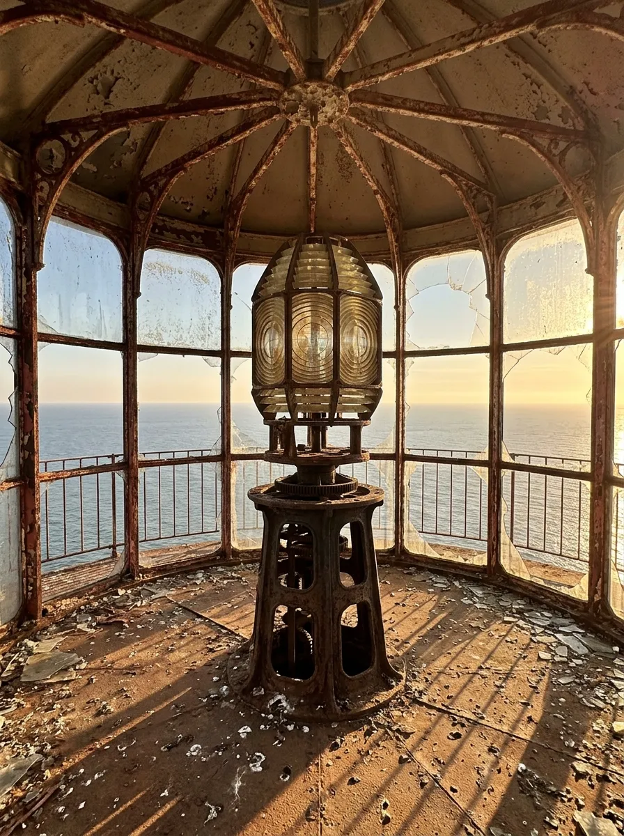 Before (AI concept): The circular lantern room at the top of a lighthouse, with rusted iron window frames, broken and missing glass, a corroded lens on its pedestal and a dusty metal floor above the sea.
