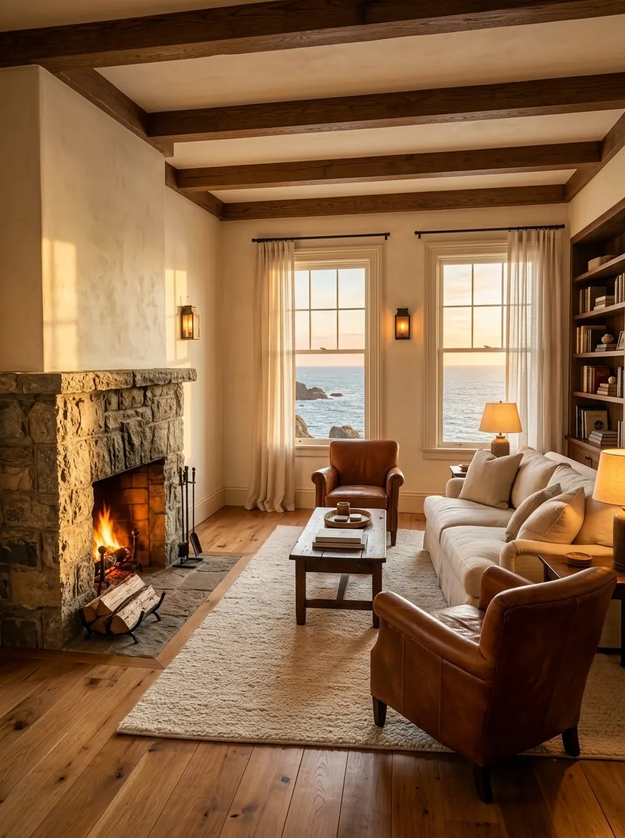 After (AI concept): The same room with smooth cream walls, dark oak ceiling beams, a lit stone fireplace, polished oak floorboards, a cream rug, a linen sofa, leather armchairs, bookshelves and the two windows opening onto the sea.