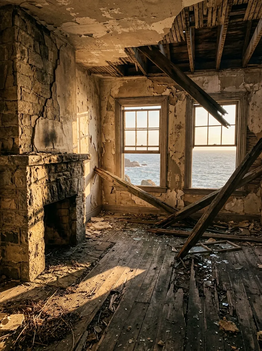 Before (AI concept): A ruined living room with a cracked stone fireplace on the left, a collapsed ceiling with fallen beams, two windows with broken panes looking onto the sea and a rotten wooden floor covered in debris.
