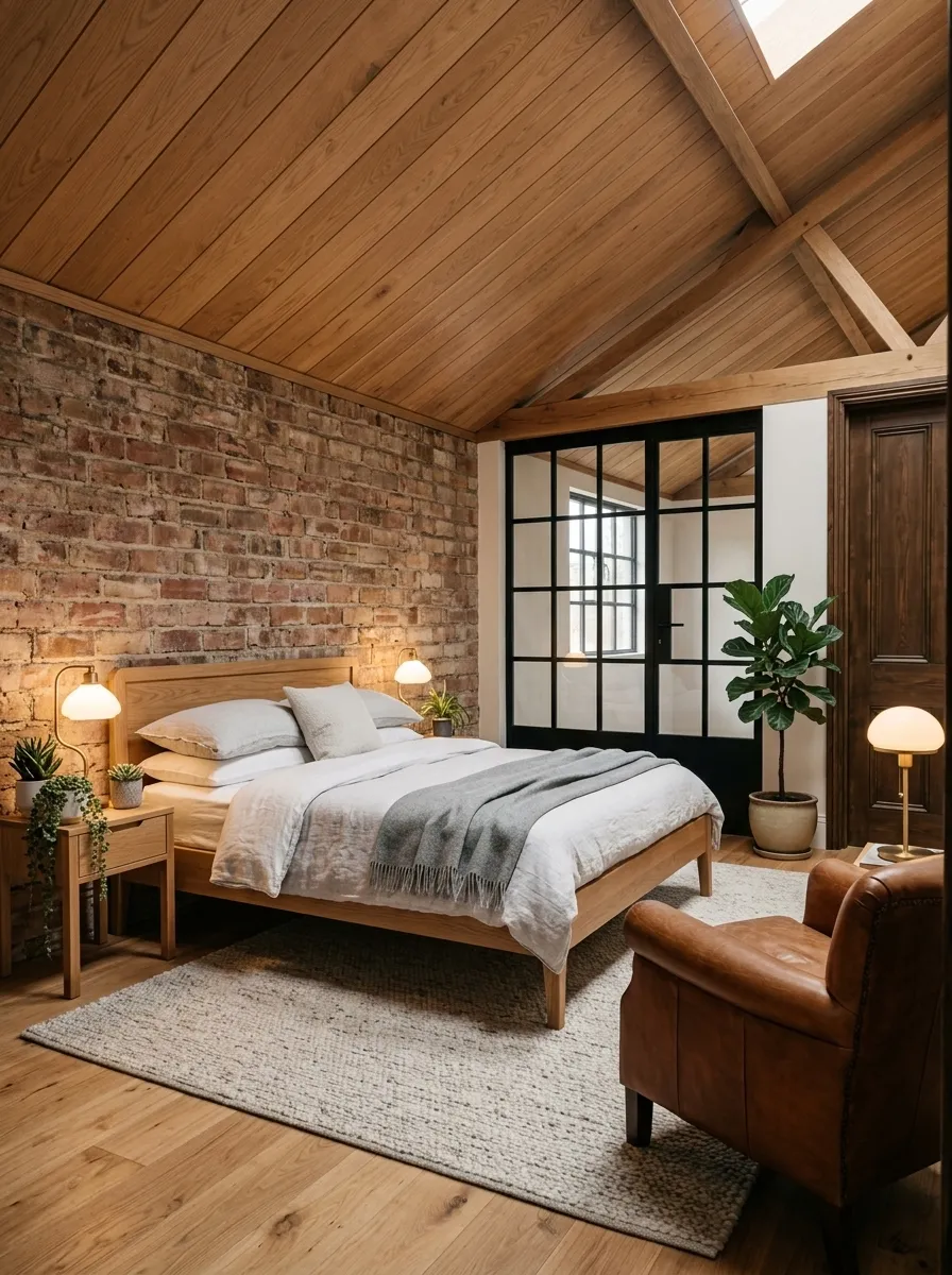 After (AI concept): The same room as a warm bedroom: a sloped ceiling lined with oak boards and a skylight, exposed brick, a low oak bed with white and grey linen and a throw, a cognac leather armchair, a pale rug, a black steel glazed partition, lamps and plants.