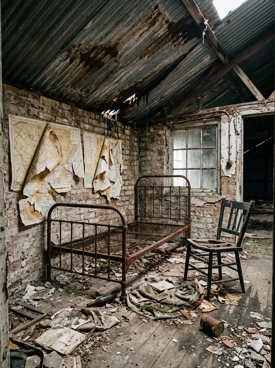 Before (AI concept): A small loft room under a sloping corrugated roof with leaks, bare brick walls, a rusty iron bed frame, a broken chair, old maps peeling off the wall, debris and a tin can on the floor.