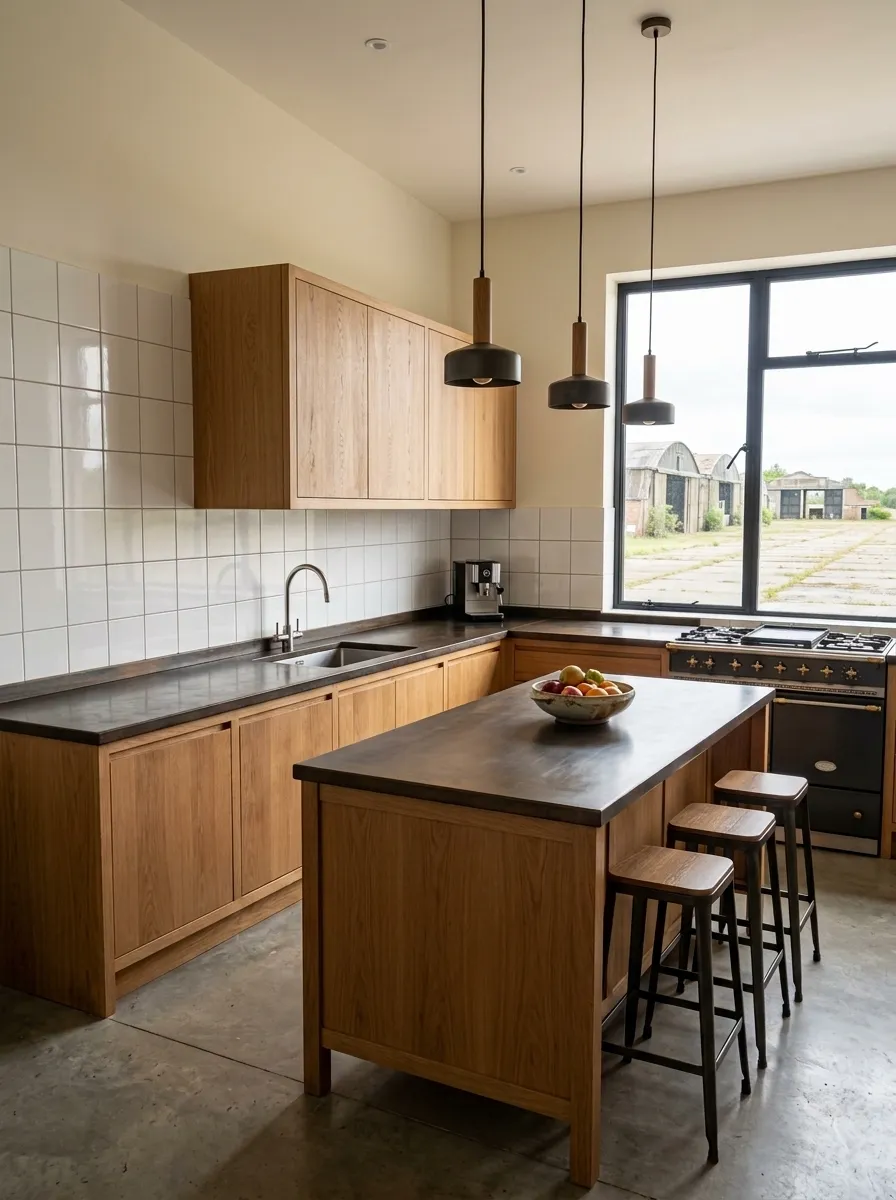 After (AI concept): The same room as a kitchen: white tiles kept, oak cabinets, a dark worktop with a sink, an oak island with a fruit bowl and three black stools, black pendant lamps, a range cooker and a black-framed window onto the airfield.
