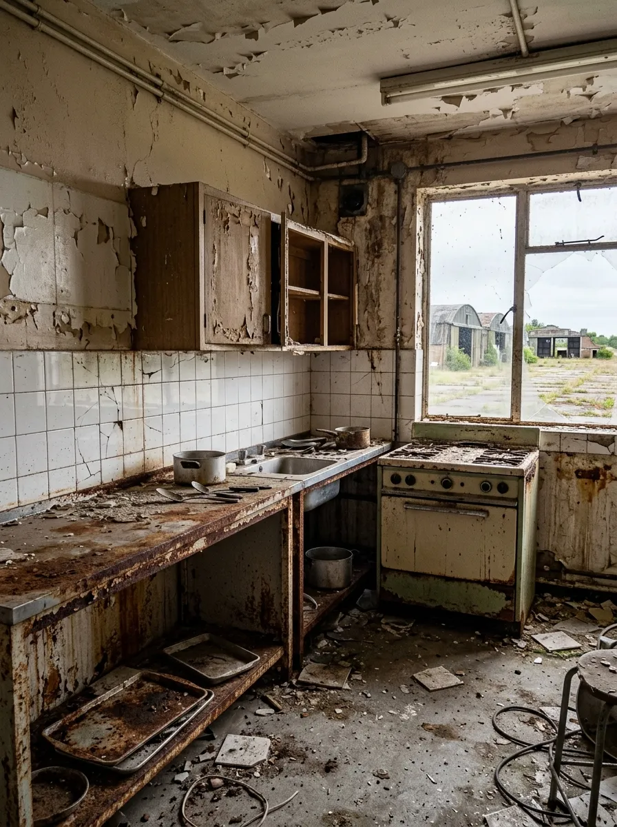 Before (AI concept): An old canteen kitchen: rusted counters, cracked white tiles, broken cabinets, a dusty enamel stove, flaking paint, pots and trays on the floor and a window onto the airfield.