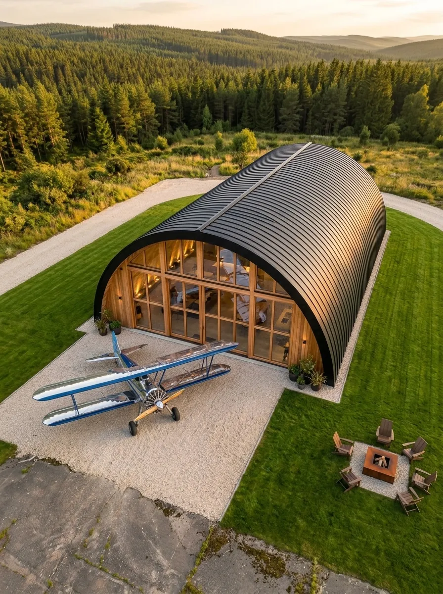 After (AI concept): The same hangar from the same height with a black standing-seam metal arched roof, a glazed cedar front, a gravel apron with a small blue vintage biplane, mown lawn and a fire pit with four chairs.