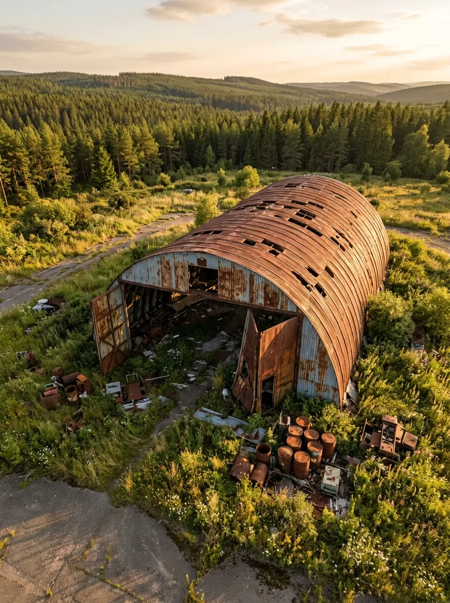 Before (AI concept): Aerial view at golden hour of an abandoned arched steel hangar on a grass airfield: a rusted corrugated roof full of holes, open sagging doors on a floor of debris, rusted fuel drums and weeds around it, with a pine forest and hills behind.
