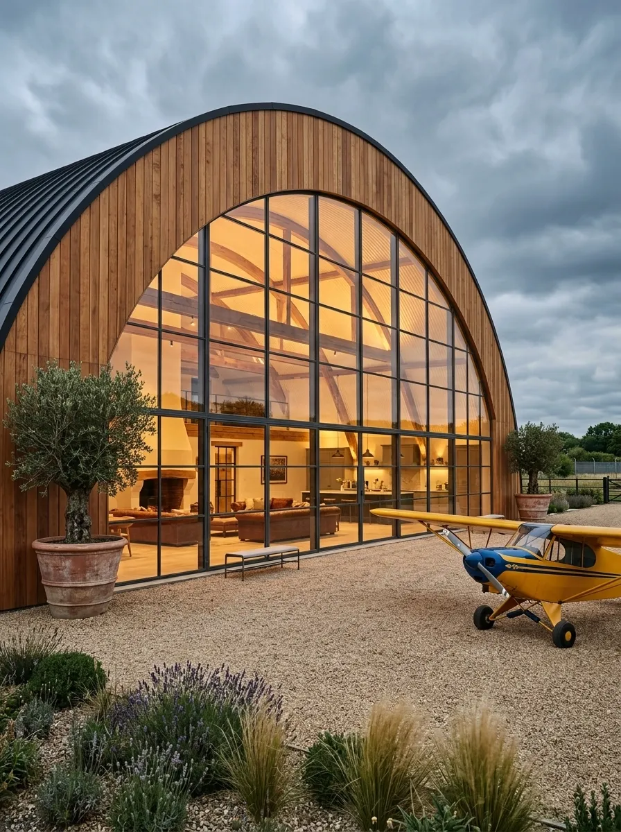 After (AI concept): The same arch with a cedar-clad curved front and a huge steel-framed glass wall glowing with warm light on a lit living area, a gravel apron with lavender and grasses, an olive tree in a terracotta pot and a small yellow vintage plane.