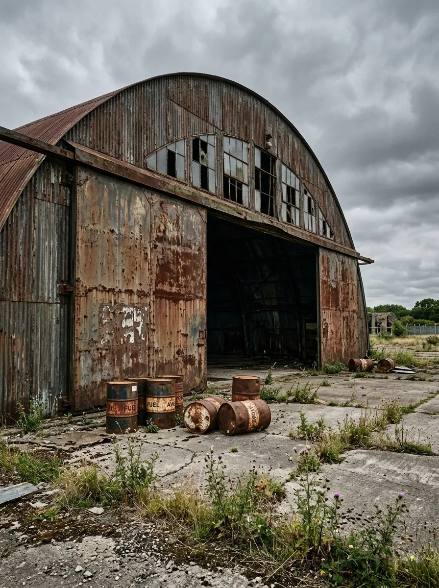 Before (AI concept): Ground-level view of the front of an arched metal hangar under a grey sky: huge rusted doors half open on darkness, broken high windows, rusted fuel drums, weeds and cracked concrete.
