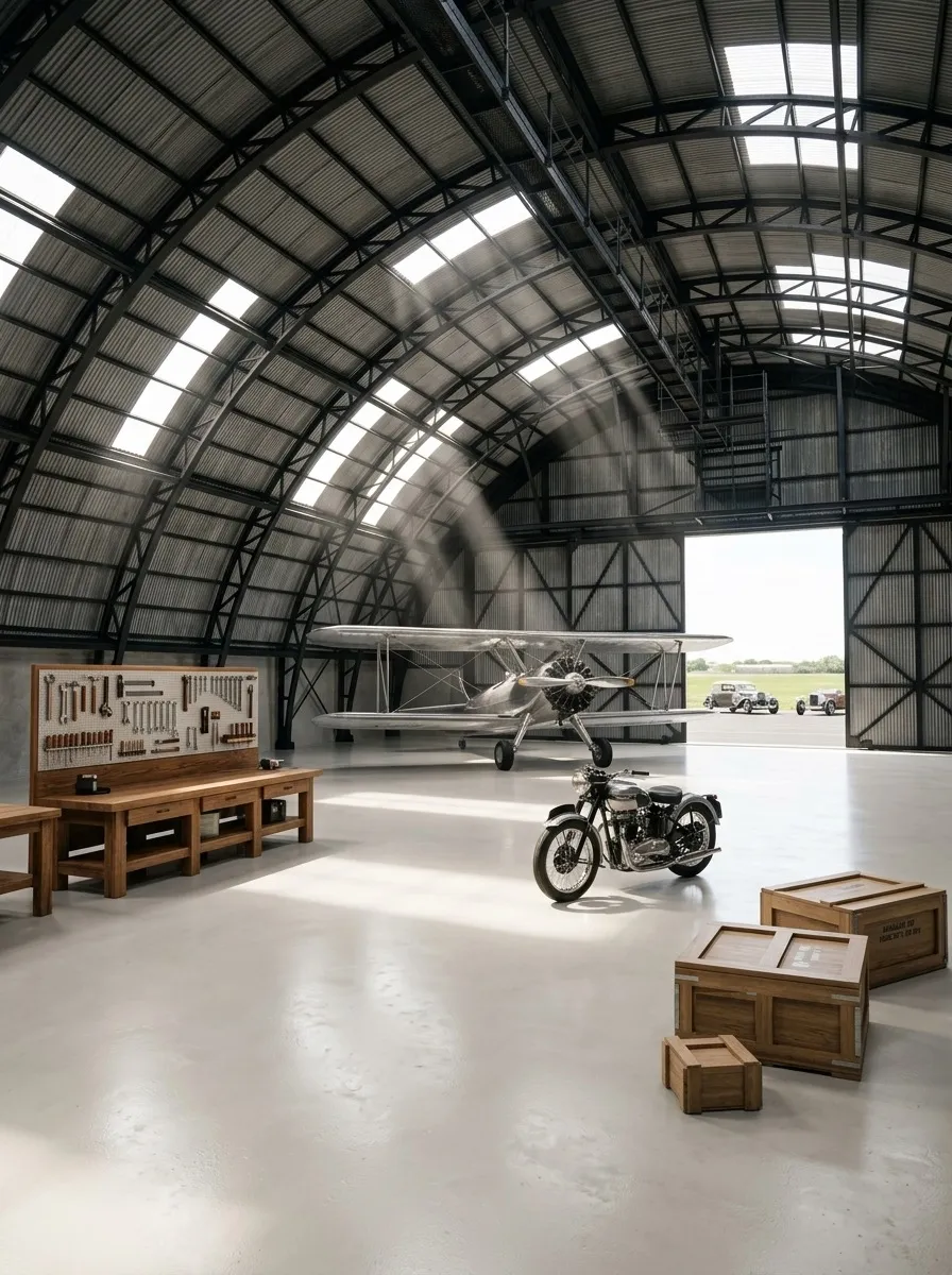 After (AI concept): The same hall with black steel ribs and skylights, a polished pale concrete floor, a vintage biplane and a classic motorcycle, an oak workbench with a tool wall and a few wooden crates, and the open doorway at the back.