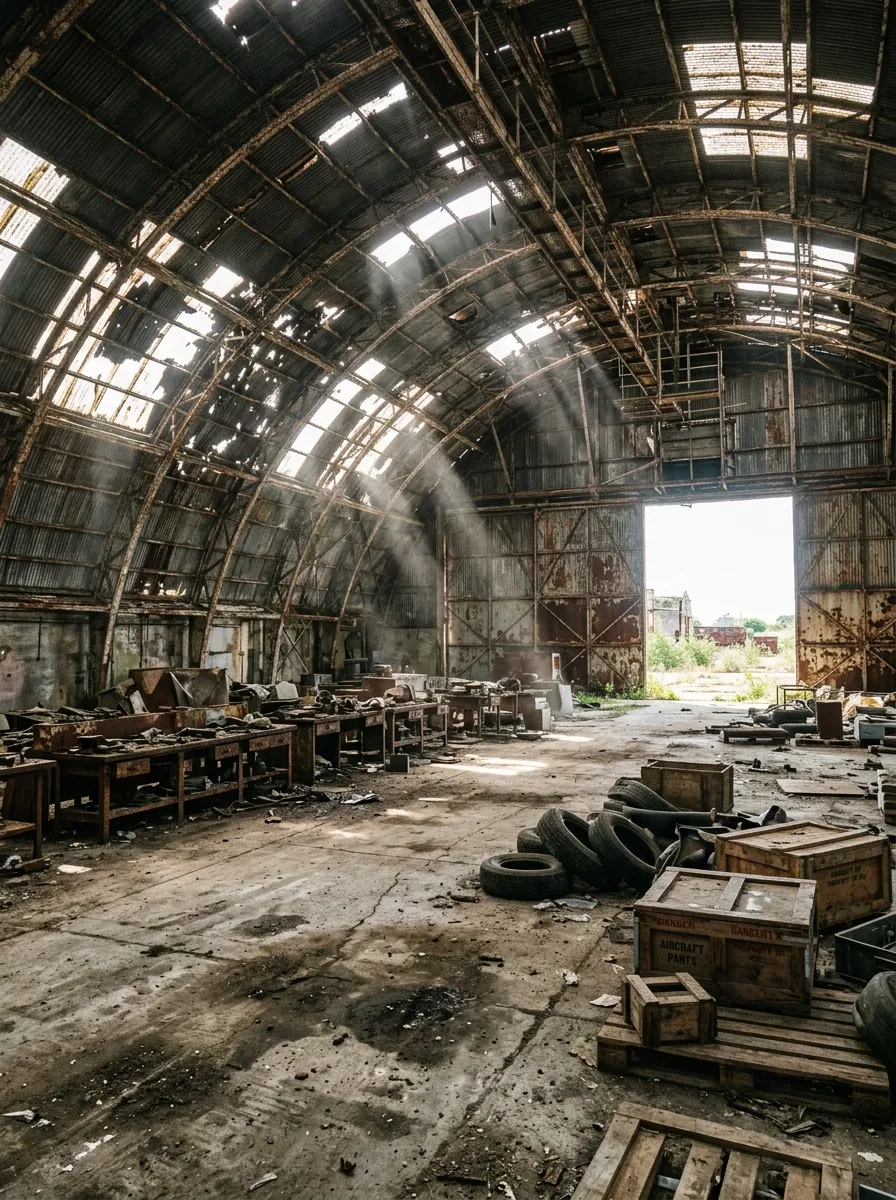 Before (AI concept): Inside the hangar: curved steel ribs, holes in the roof letting in beams of light, an oil-stained cracked concrete floor, rusted workbenches, tyres and wooden crates, and a wide open doorway at the back.