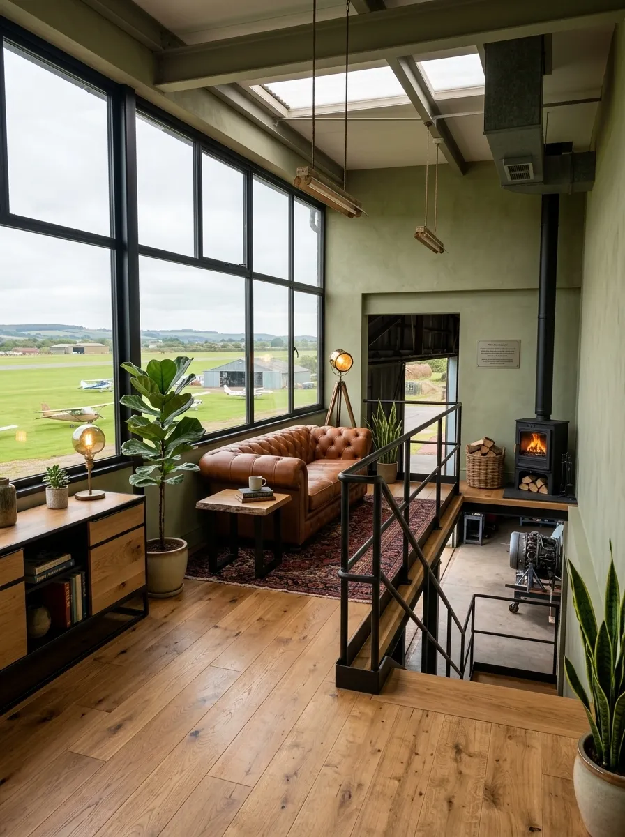 After (AI concept): The same room as a lounge: a warm oak floor, black steel-framed windows onto the airfield, a tufted cognac leather sofa, a rug, a wood stove, plants, lamps, wooden shelving and a black steel stair railing.