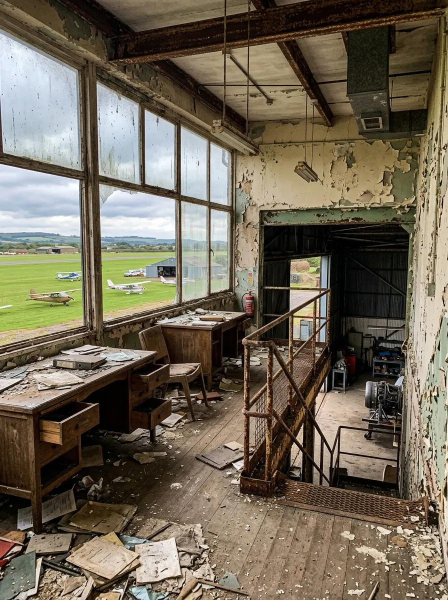Before (AI concept): An upper office floor with big dirty windows over a grass airfield with small planes, peeling green paint, broken wooden desks, a rusted metal staircase and debris on the floor.