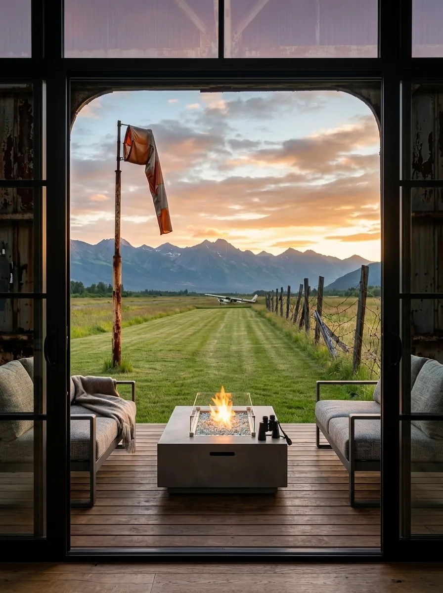 After (AI concept): The same view through a black steel door frame: an oak deck with two lounge chairs and a concrete fire table with a small fire, the mown airstrip with the windsock, a fence and the same mountains at sunrise.