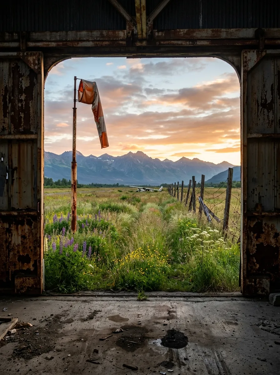 Before (AI concept): A view through a rusted hangar door frame onto an overgrown grass airstrip with a windsock pole, a broken fence, wildflowers and mountains at sunrise.