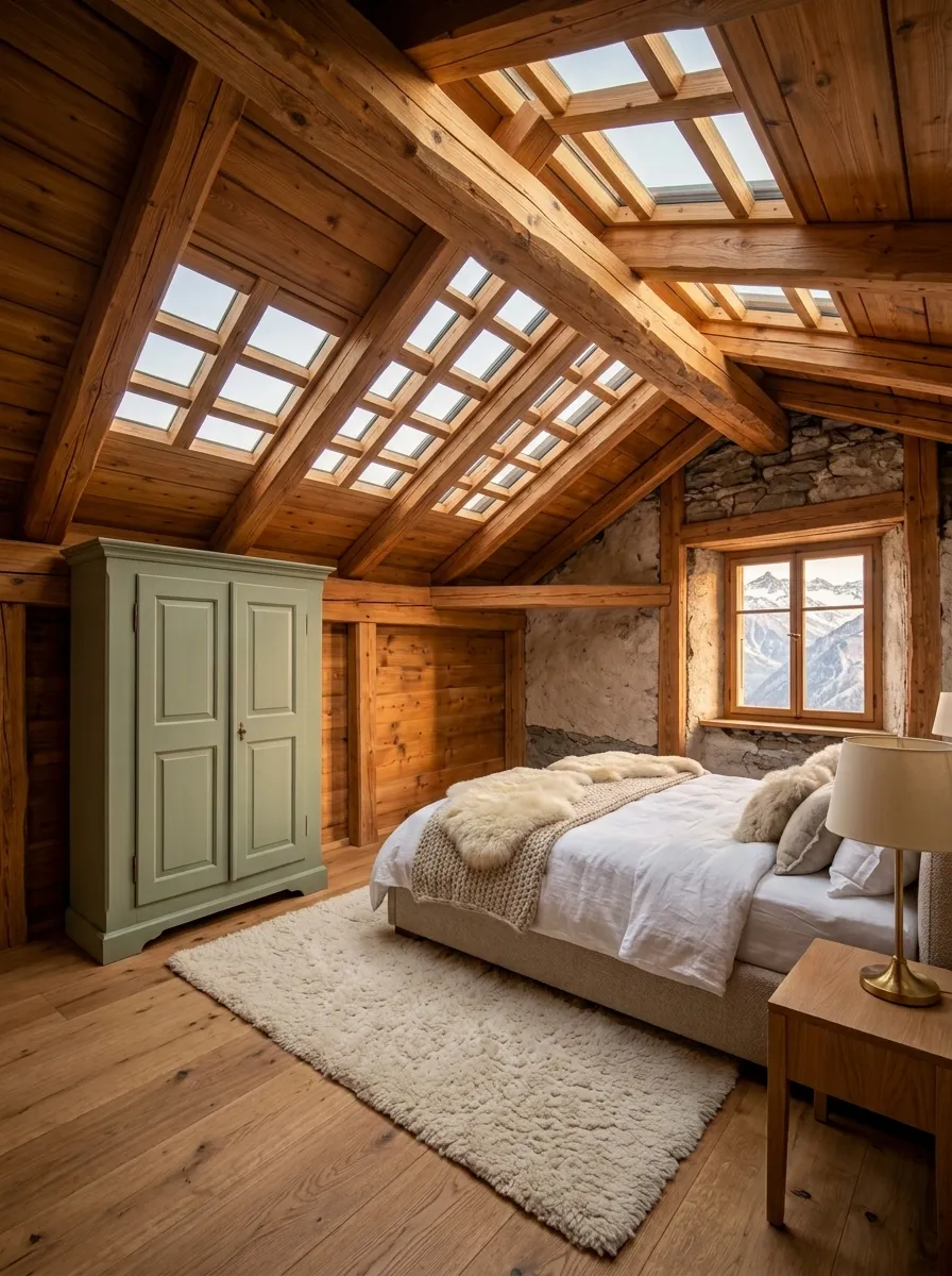 After (AI concept): The same attic with the rafters cleaned, the roof boarded in warm larch with skylights, the window in the stone gable kept, the wardrobe restored in sage green, a bed in white linen with a sheepskin, an oak bedside table with a brass lamp, a cream wool rug and oak floorboards.