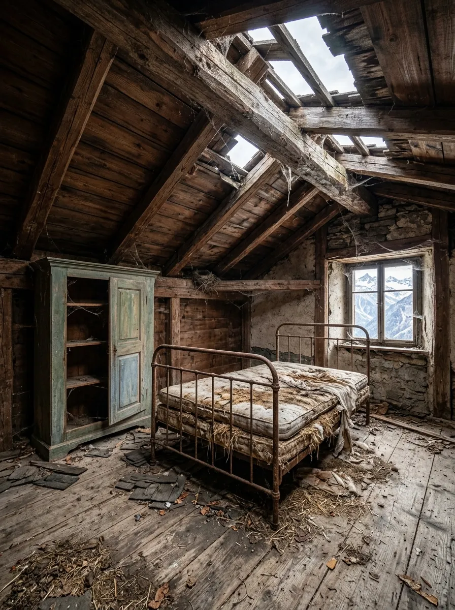 Before (AI concept): An attic under steep dark rafters with daylight through missing shingles, a small window in the stone gable wall looking at snowy peaks, a painted wardrobe with a door missing, a rusty iron bed with a torn mattress, and fallen shingles and straw on the plank floor.