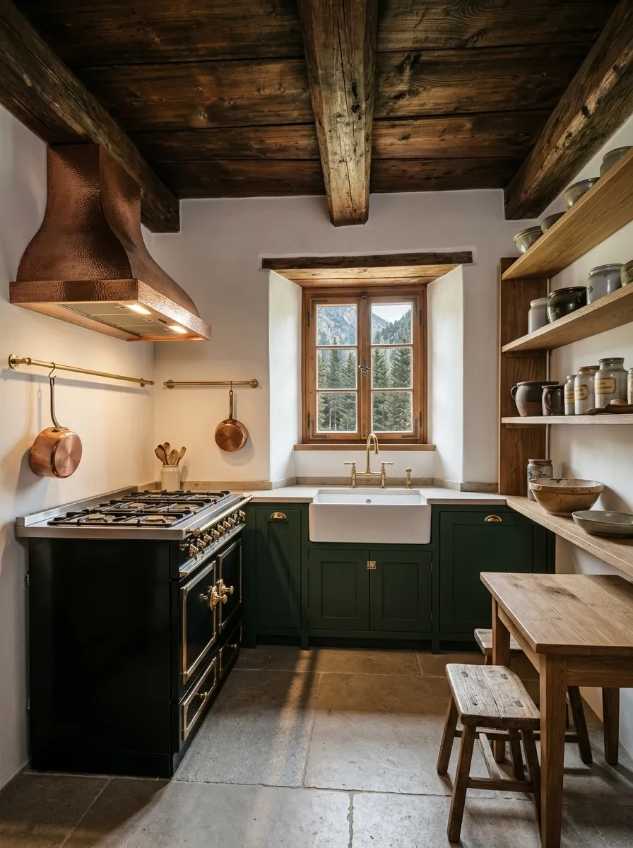After (AI concept): The same kitchen with fresh limewash, the beams oiled, a white butler sink with a brass tap under the same window in deep green cabinets, a black range cooker under a copper hood, oak open shelves with ceramics, copper pans on a brass rail, a small oak table with stools and a honed stone floor.