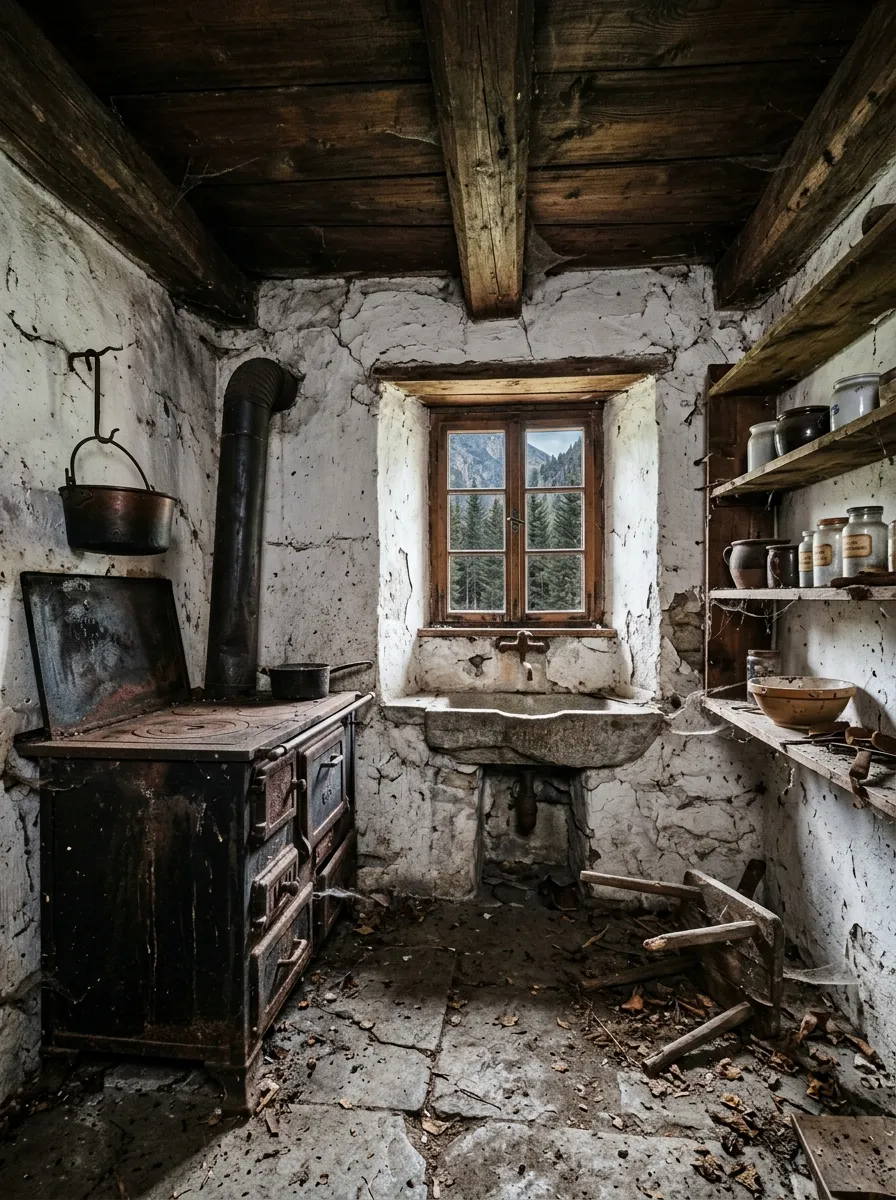 Before (AI concept): A small kitchen with peeling whitewashed stone walls under dark beams, one deep window onto pine trees, an old stone sink beneath it, a black cast-iron wood range with a crooked stovepipe, dusty jars on broken shelves, a hanging pot and a cracked stone floor with debris.